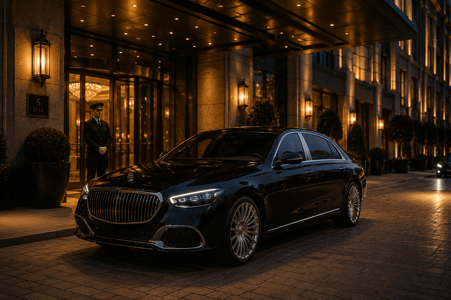 Mercedes-Maybach у отеля ночью